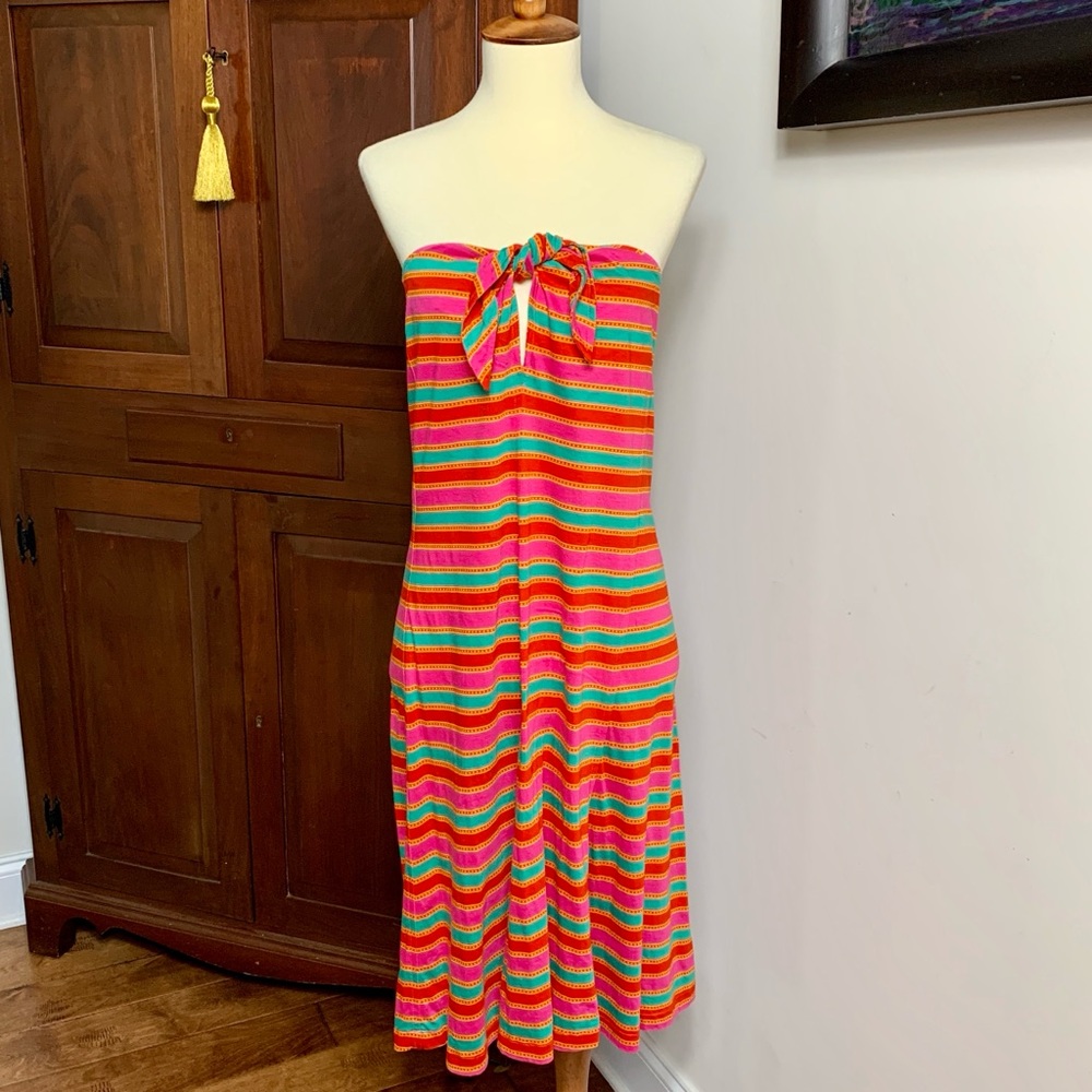 Kenzo Paris red pink green stripe strapless dress